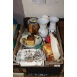 A TRAY OF ASSORTED CHINA AND CERAMICS to include an enamel pill box, Sylvac etc.