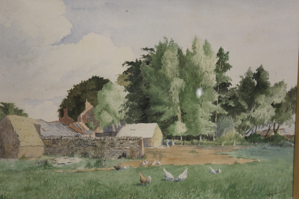 A FRAMED AND GLAZED WATERCOLOUR LAID ON BOARD OF A FARMYARD SCENE INDISTINCTLY SIGNED LOWER RIGHT - Image 2 of 2