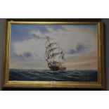 AMBROSE - A GILT FRAMED OIL ON CANVAS OF A SAIL SHIP AT SEA signed lower right 85.5cm x 60.5cm