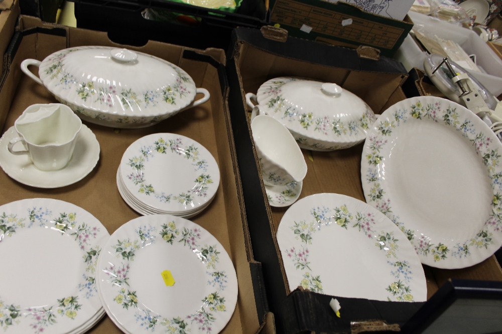 TWO TRAYS OF MINTON SPRING VALLEY DINNER WARE to include tureens and dinner plates