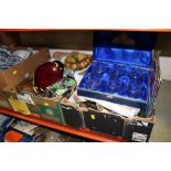 TWO TRAYS OF ASSORTED CERAMICS AND GLASSWARE to include a cut glass six tumbler set, Royal Doulton