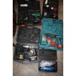 CASED HITACHI AND CLARKE POWER DRILLS TOGETHER WITH CASED CHALLENGE EXTREME AN MAKITA POWER DRILLS