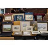 A QUANTITY OF ASSORTED WATERCOLOURS, PRINTS ETC. to include an Alfred Ransome harbour scene