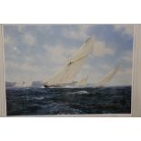 A LARGE FRAMED AND GLAZED SIGNED LIMITED EDITION PRINT DEPICTING SAIL BOATS BY JOHN STEVEN DEWS