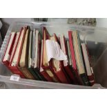 A BOX OF VINTAGE WORLD STAMP ALBUMS AND CONTENTS (QTY)