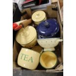 A BOX OF RETRO STYLE KITCHEN WARE to include a twin handled cooking pot