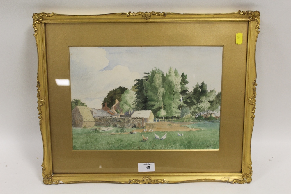 A FRAMED AND GLAZED WATERCOLOUR LAID ON BOARD OF A FARMYARD SCENE INDISTINCTLY SIGNED LOWER RIGHT