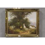 LES PARSON - A GILT FRAMED COUNTRY COTTAGE SCENE WITH FIGURES ON A SWING 59cm x 48.5cm