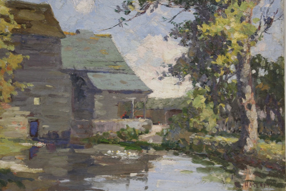 DAMIAN HASLAM. Impressionist watermill scene with ducks on mill pond, signed lower right and