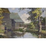 DAMIAN HASLAM. Impressionist watermill scene with ducks on mill pond, signed lower right and