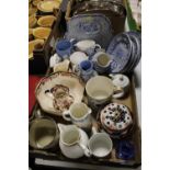 A BOX OF ASSORTED CERAMICS to include Masons Mandalay, Adams Chinese pattern and Wedgwood