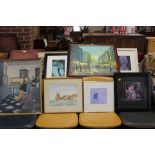 A COLLECTION OF PICTURES AND PRINTS to include an oil on canvas of a Parisian scene, watercolour