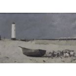 STORMY COASTAL SHORE SCENE WITH FIGURES, BEACHED BOAT AND LIGHTHOUSE, indistinctly signed and