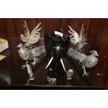 A COLLECTION OF WHITE METAL ANIMAL FIGURES to include pheasants and fighting cockerals, together