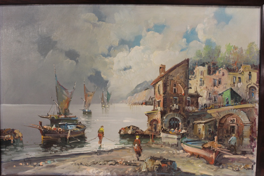 A FRAMED OIL ON CANVAS OF AN ITALIAN STYLE COASTAL VILLAGE SCENE