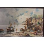 A FRAMED OIL ON CANVAS OF AN ITALIAN STYLE COASTAL VILLAGE SCENE