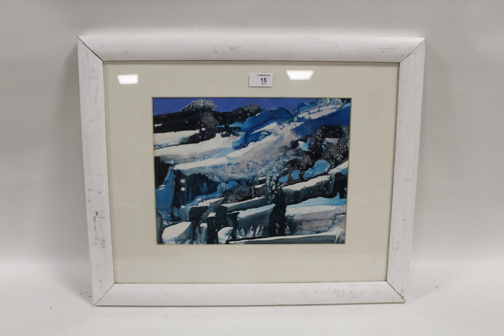 PETER SOLLY. Snowy landscape, 'Ice Forms', see label verso, signed lower right, mixed media on card, - Image 2 of 3