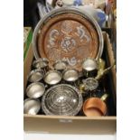 A TRAY OF METALWARE to include a copper and white metal charger, brass deer figures etc
