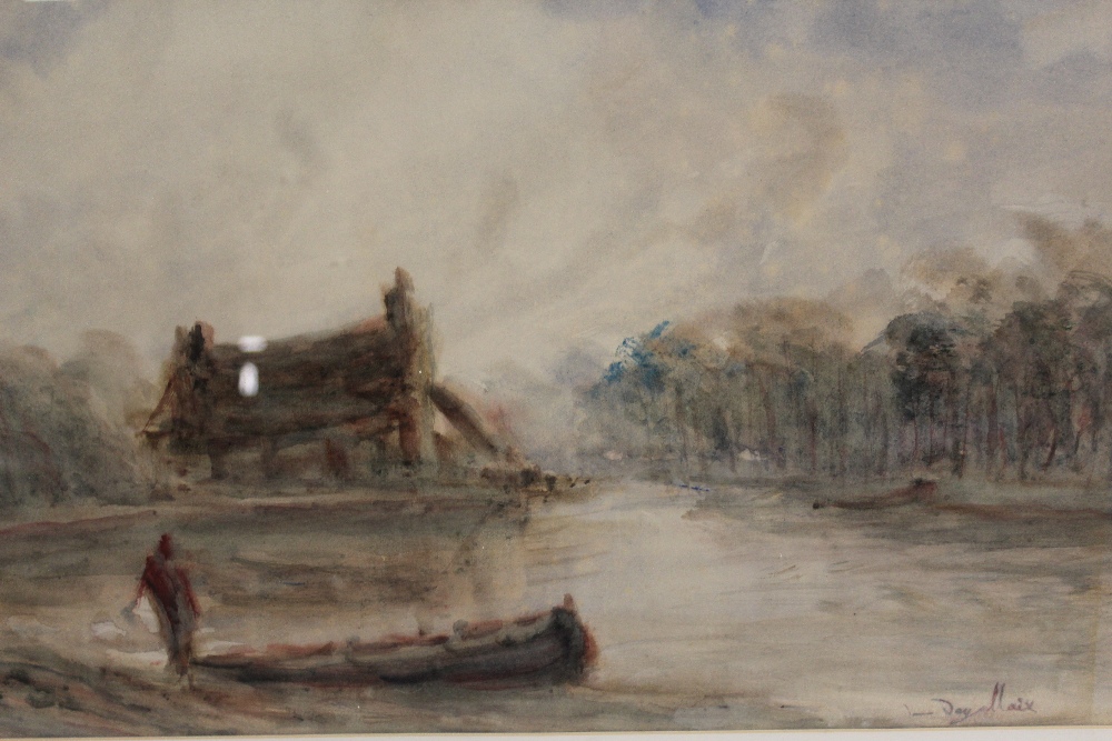 (XX). Continental scene impressionist stormy wooded river landscape, with boats, figures and