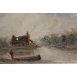 (XX). Continental scene impressionist stormy wooded river landscape, with boats, figures and