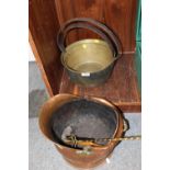 TWO VINTAGE BRASS JAM PANS TOGETHER WITH A COPPER COAL HELMET