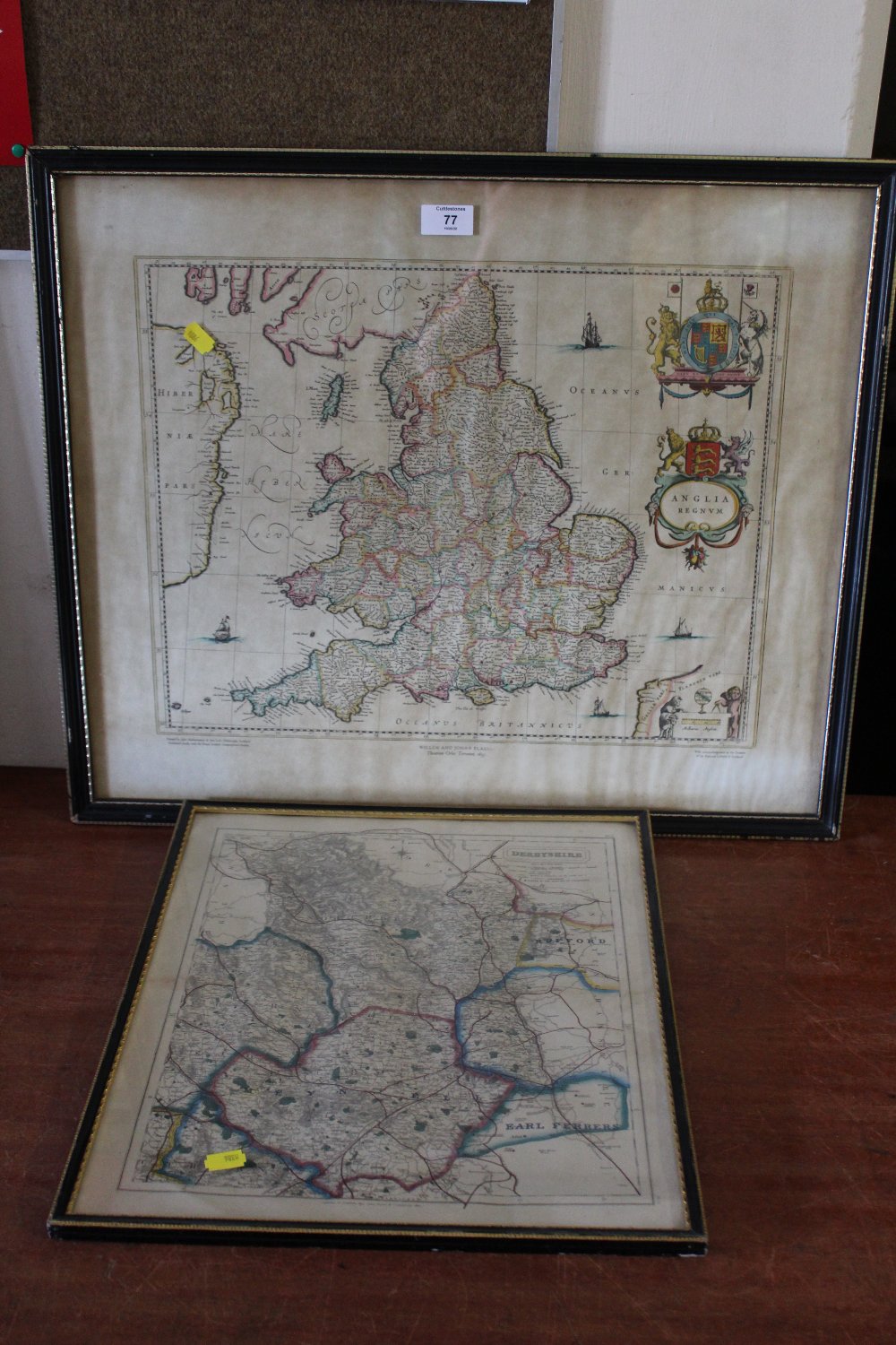 A J&C WALKER MAP OF DERBYSHIRE, framed and glazed 46cm x 38cm TOGETHER WITH ANOTHER FRAMED AND