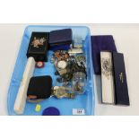 A BOX OF COSTUME JEWELLERY AND WATCHES ETC.