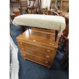 A LIGHT OAK LEBUS THREE DRAWER CHEST OF DRAWERS H 79 CM, W 76 CM TOGETHER WITH A RETRO FOOTSTOOL (