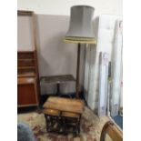 AN ANTIQUE OAK PEDESTAL TABLE TOGETHER WITH AN OAK STANDARD LAMP WITH SHADE & A NEST OF TABLES (3)