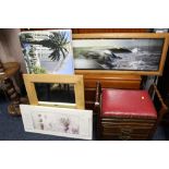 FOUR MODERN DECORATIVE PICTURES TOGETHER WITH A PINE FRAMED MIRROR (5)