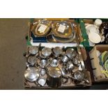 TWO TRAYS OF OLD HALL HAMMERED FINISH AND OTHER STAINLESS STEEL TEA WARE