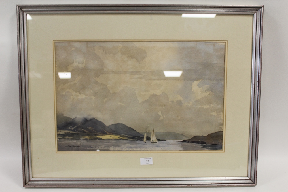 RON GREEN (XX). British school, mountainous Loch scene with sailing vessels, signed lower left,