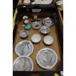 A TRAY OF CONTINENTAL CERAMICS WITH SILVER INLAY