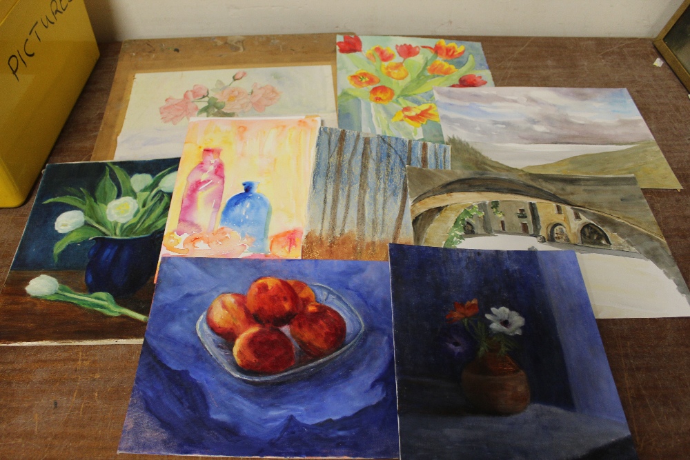 A LARGE QUANTITY OF UNFRAMED PAINTINGS ETC. of varied subjects to include watercolours, oils on - Image 3 of 5