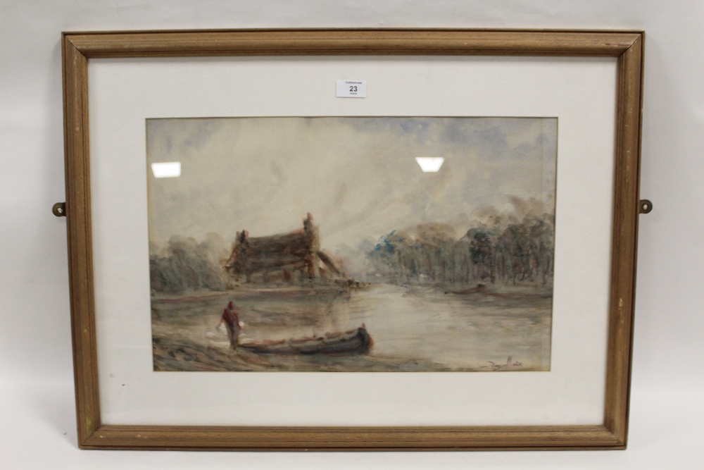 (XX). Continental scene impressionist stormy wooded river landscape, with boats, figures and - Image 2 of 3