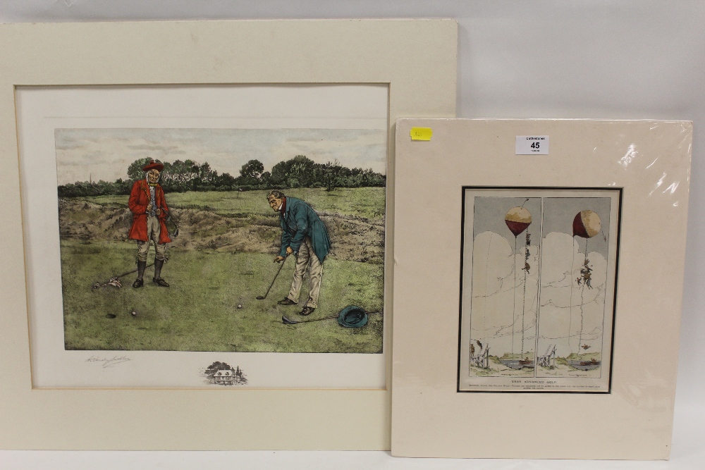 TWO UNFRAMED MOUNTED NOVELTY GOLFING INTEREST PRINTS - The smaller entitled 'very advanced golf',