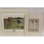 TWO UNFRAMED MOUNTED NOVELTY GOLFING INTEREST PRINTS - The smaller entitled 'very advanced golf',