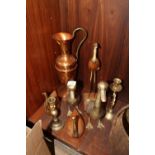 A COLLECTION OF BRASS AND TREEN DUCK FIGURES together with other metalware to include a copper