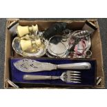 A TRAY OF MOSTLY SILVER PLATED METALWARE, OPERA GLASSES, FISH SERVING SETS ETC.