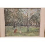 E.B. (XX). Impressionist woodland scene with mother and child, signed with initials lower left,