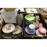 TWO TRAYS OF ASSORTED CHINA AND CERAMICS TOGETHER WITH A LARGE SODA SIPHON