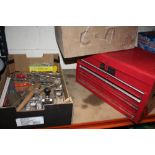 A METAL CHEST TOGETHER WITH A TRAY OF DRILL BITS AND PLANERS AND ROUTER IN WOODEN BOX