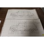 TWO UNFRAMED AUSTIN MOTOR CO. TECHNICAL MOTOR RELATED PRINTS together with a treen carving,