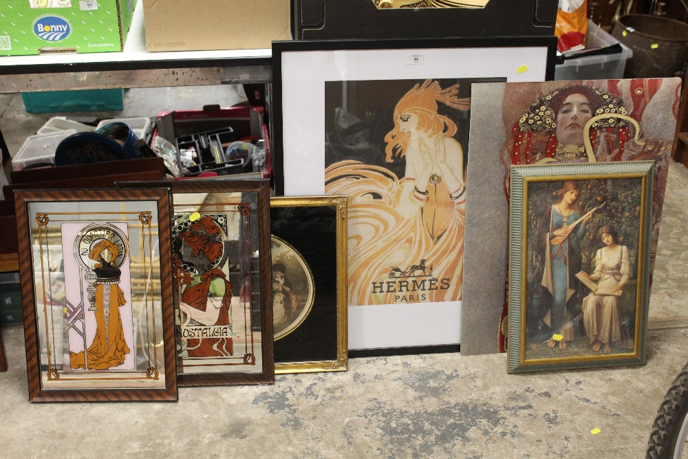 A COLLECTION OF PICTURES AND PRINTS ETC. to include a large Hermes print, Art Nouveau style