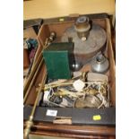 A TRAY OF VINTAGE METALWARE to include brass fire irons
