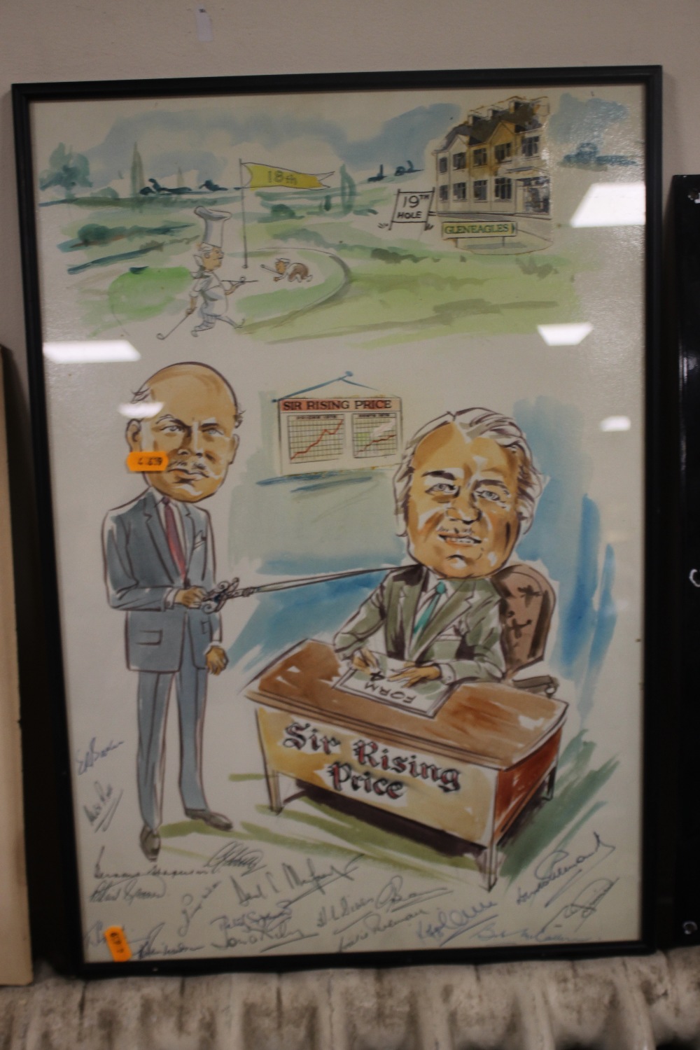 A CARTOON PRINT OF GOLFING INTEREST WITH NUMEROUS SIGNATURES