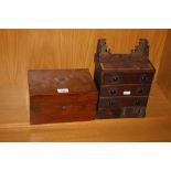 A VINTAGE SEWING BOX TOGETHER WITH A MINIATURE CHEST OF DRAWERS (2)