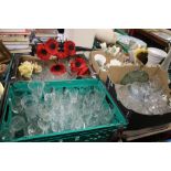 THREE TRAYS OF ASSORTED GLASSWARE TOGETHER WITH A TRAY OF CERAMICS (NOT INCLUDING TRAYS)