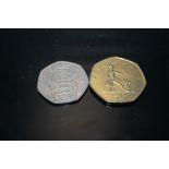 A KEW GARDENS 50P PIECE DATED 2009 TOGETHER WITH A GOLD COLOURED 50P