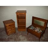 A SEWING BOX AND CONTENTS, PINE BEDSIDE THREE DRAWER CHEST AND A STORAGE UNIT (3)